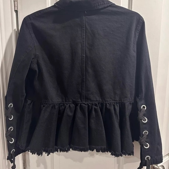 Free People Willow Black Denim Peplum Raw Hem Lace Up Cuff Jacket Sz S NWT $168 - Picture 5 of 7